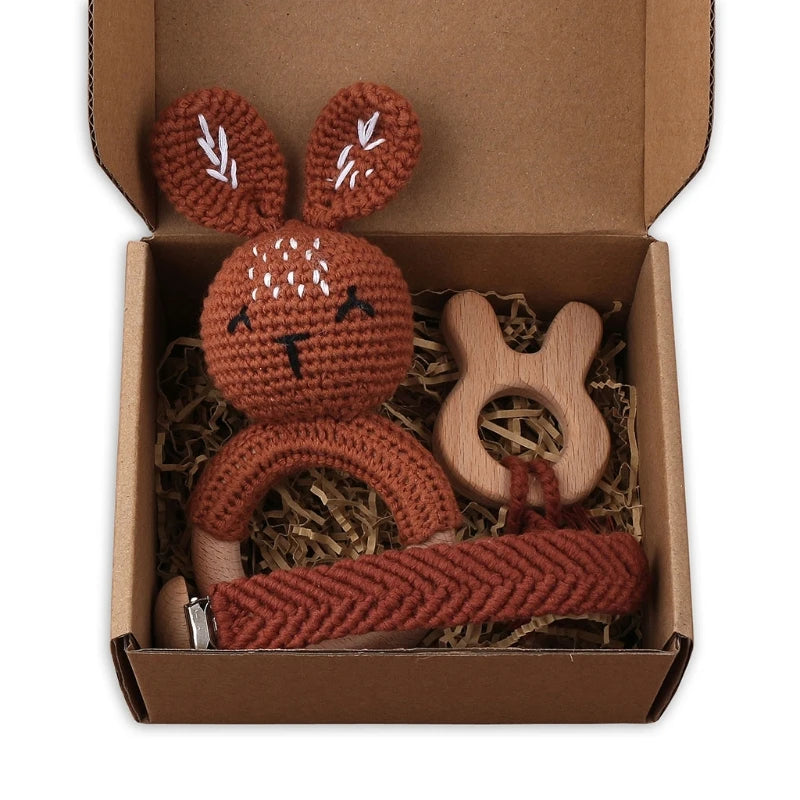 Crochet Bunny Baby Teether & Rattle Set | Beech Wooden Teething Ring + Pacifier Clip | Newborn Montessori Educational Toy