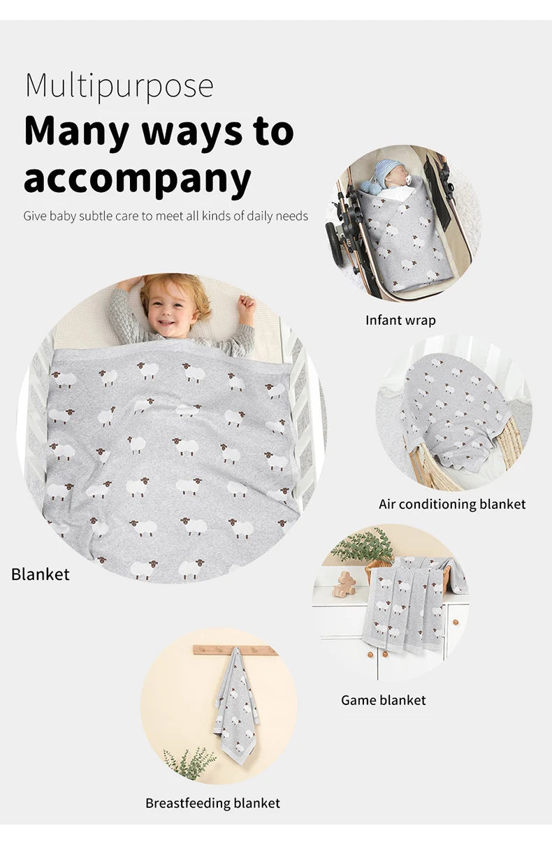 Infant Baby Cotton Blanket 90x70cm – Soft Sleepsack & Swaddle Quilt with Cute Cartoon Sheep | Newborn Boy & Girl Bedding Plaid for Crib & Stroller