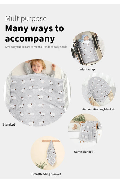 Infant Baby Cotton Blanket 90x70cm – Soft Sleepsack & Swaddle Quilt with Cute Cartoon Sheep | Newborn Boy & Girl Bedding Plaid for Crib & Stroller