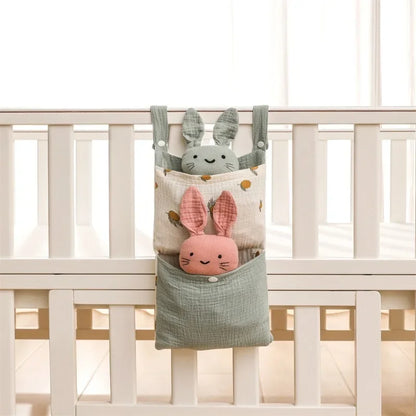 Baby Bed Hanging Storage Bag | Cotton Crib Organizer with Diaper & Toy Pockets | Newborn Bedding Accessories