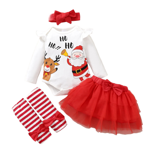 Baby Girl Christmas Outfit Set | Santa Claus Print Bodysuit + Tulle Skirt + Headband + Socks (0–18 Months)