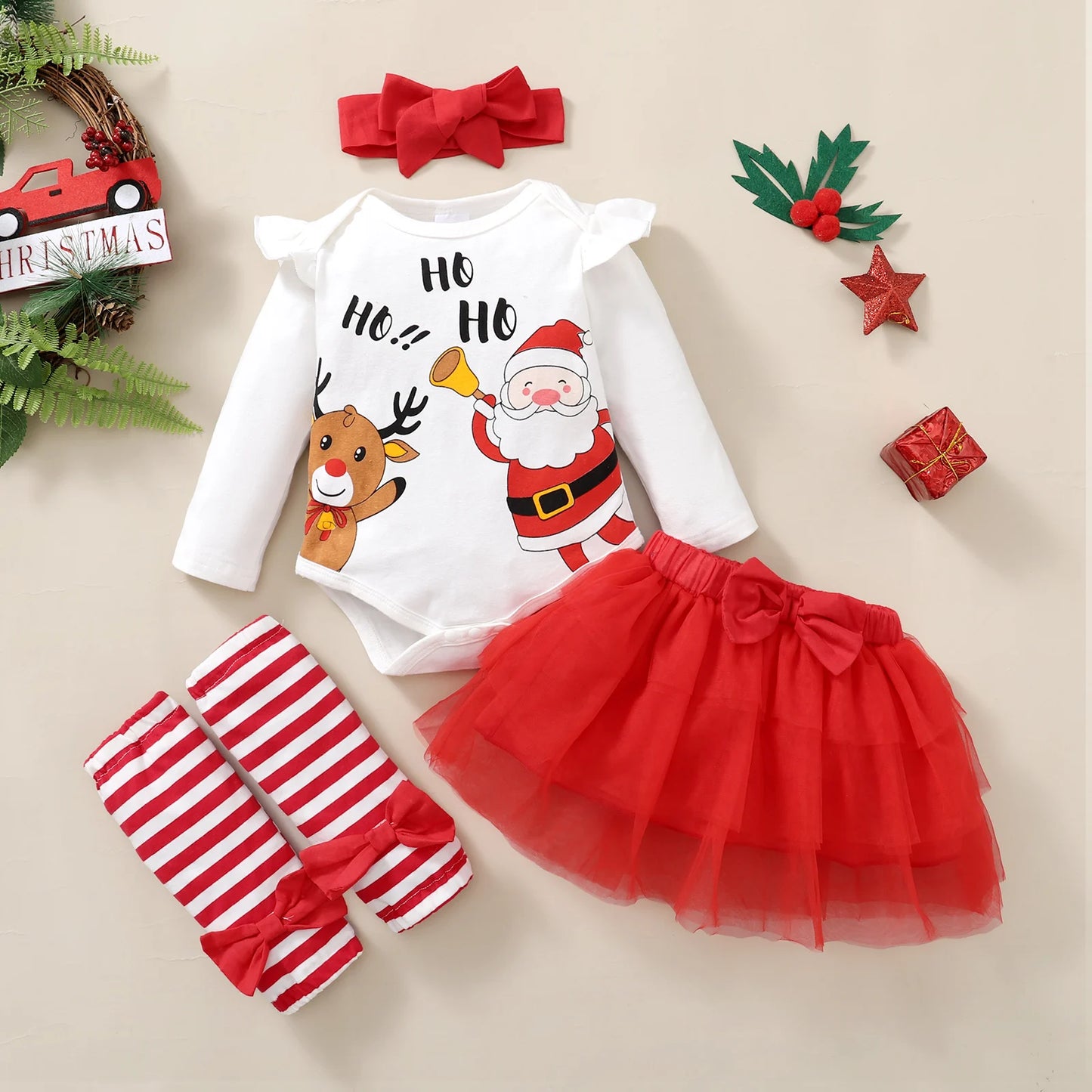 Baby Girl Christmas Outfit Set | Santa Claus Print Bodysuit + Tulle Skirt + Headband + Socks (0–18 Months)