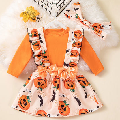 Pumpkin Baby Girl Halloween Outfit | Infant Long Sleeve Bodysuit + Suspender Skirt with Bow | My First Halloween Costume