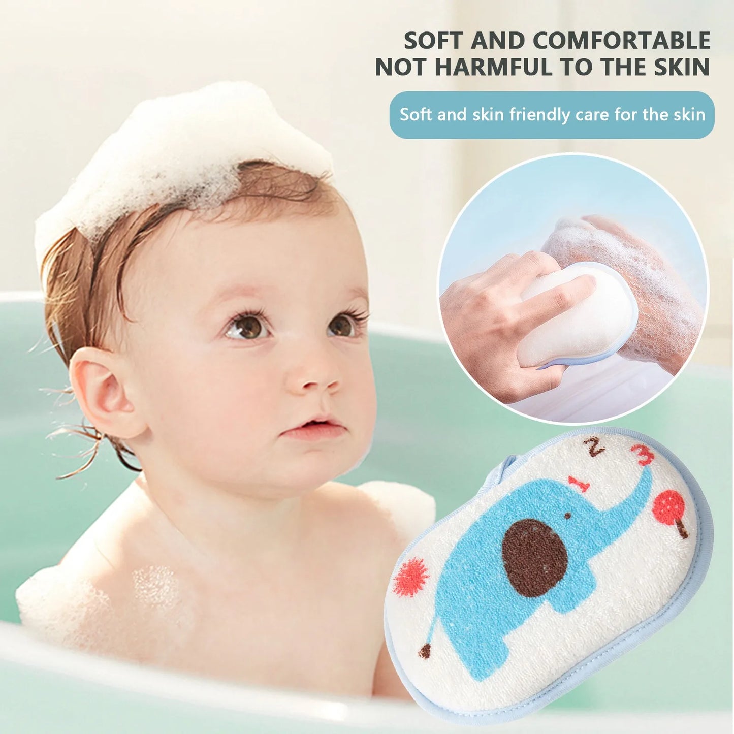 Baby Bath Sponge Brush | Soft Cotton Scrubber Towel with Elephant Pattern | Infant & Children Shower Bath Ball