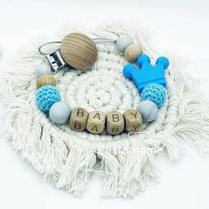 Custom Name Baby Pacifier Clip | Silicone Beads Flower Ring Teething Chain | Eco-Friendly Beech Wood Dummy Holder
