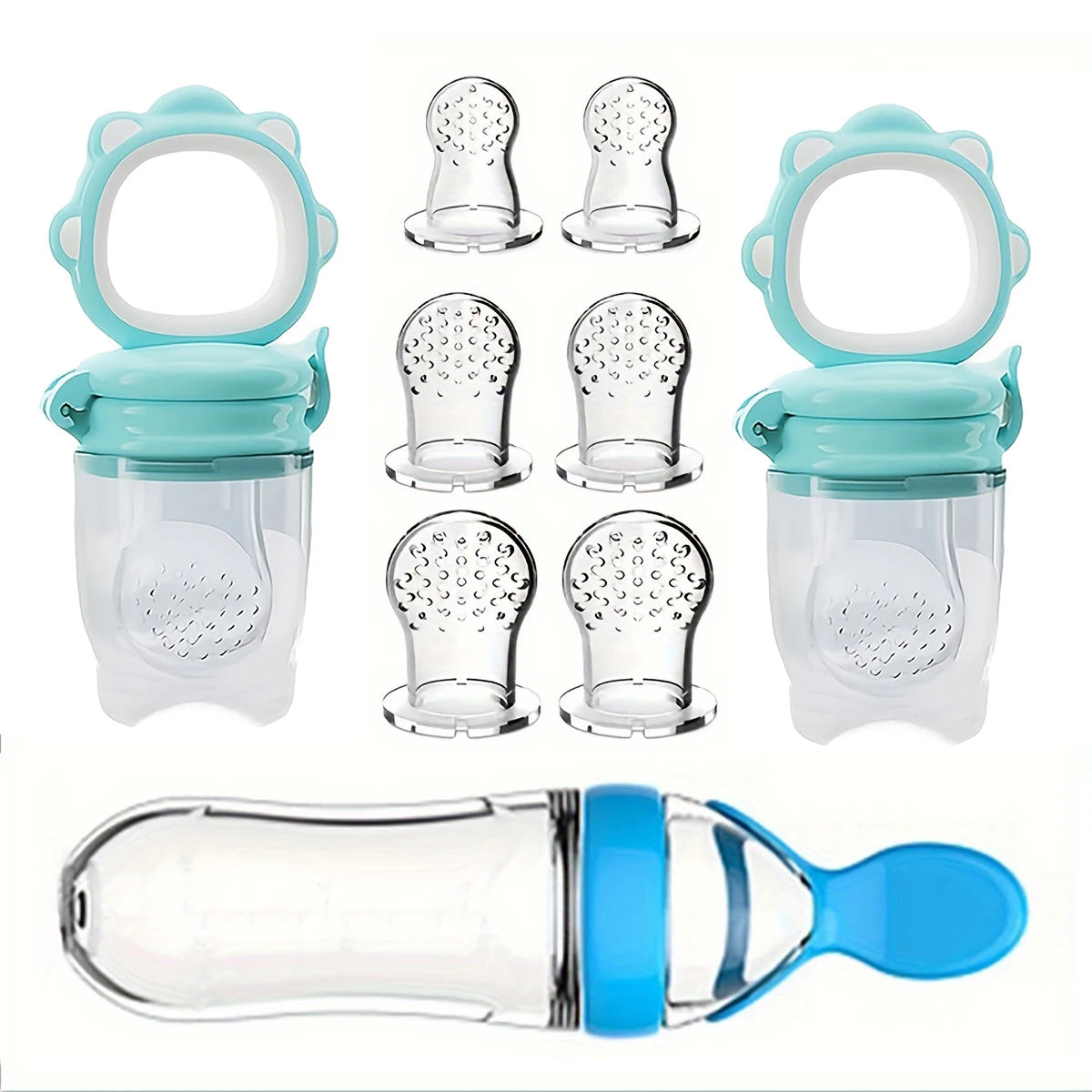 9pcs Baby Feeding Cutlery Set – Silicone Feeding Bottle with Spoon & Suction Cup, 2 Fruit Feeders & 6 Nipples (S/M/L) | Infant Weaning Essentials