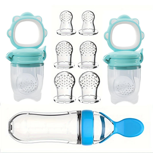 9pcs Baby Feeding Cutlery Set – Silicone Feeding Bottle with Spoon & Suction Cup, 2 Fruit Feeders & 6 Nipples (S/M/L) | Infant Weaning Essentials