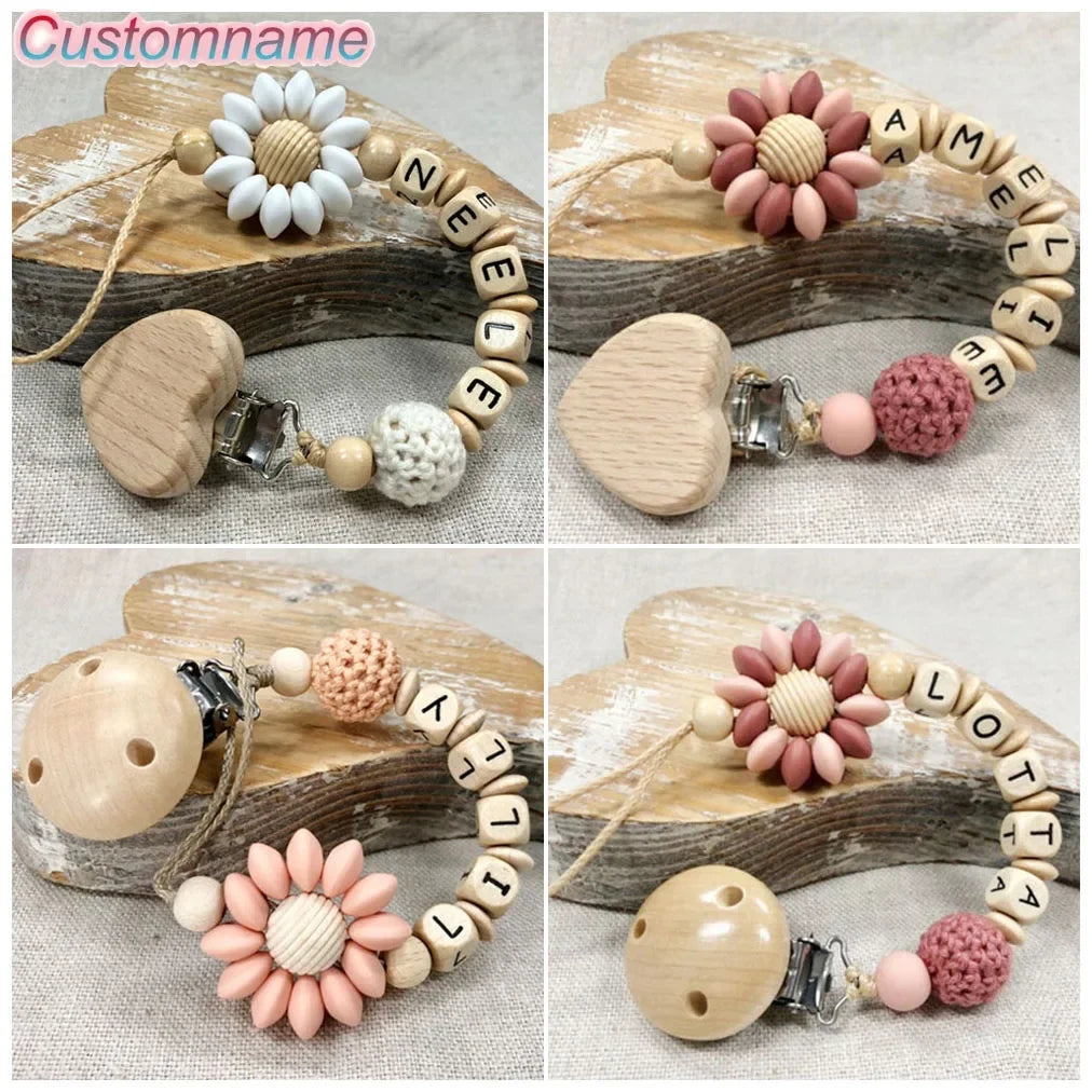 Custom Name Baby Pacifier Clip | Silicone Beads Flower Ring Teething Chain | Eco-Friendly Beech Wood Dummy Holder