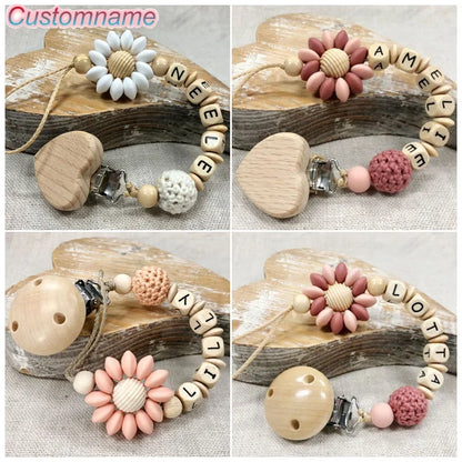 Custom Name Baby Pacifier Clip | Silicone Beads Flower Ring Teething Chain | Eco-Friendly Beech Wood Dummy Holder