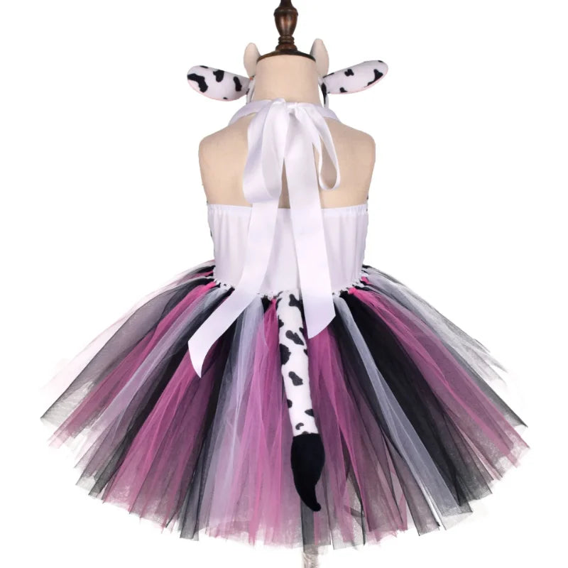Baby Girls Halloween Animal Cosplay Costume | Kids Forest Theme Giraffe, Cow, Tiger, Leopard, Zebra Tutu Dress | Birthday & Party Outfit