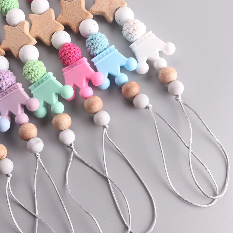 Baby Pacifier Chain Clip | Wooden Pentagram Teether with Silicone Round Beads | Safe Teething Chain & Soother Holder