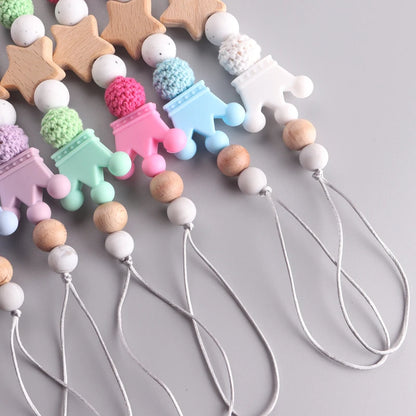 Baby Pacifier Chain Clip | Wooden Pentagram Teether with Silicone Round Beads | Safe Teething Chain & Soother Holder