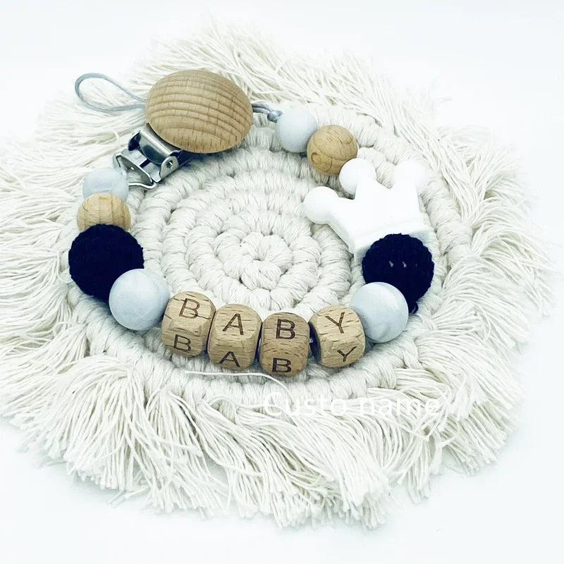 Custom Name Baby Pacifier Clip | Silicone Beads Flower Ring Teething Chain | Eco-Friendly Beech Wood Dummy Holder