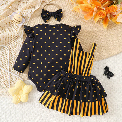 Baby Girl Bee Halloween Costume Set | Infant Romper + Tulle Suspender Dress | Newborn & Toddler Party Outfit