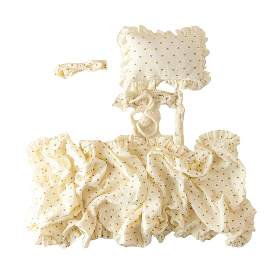 Newborn Photography Wrap & Backdrop Set – Soft Beige Blanket with Pocket, Bow Headband & Pillow | Baby Photo Shoot Props (0–1 Month)
