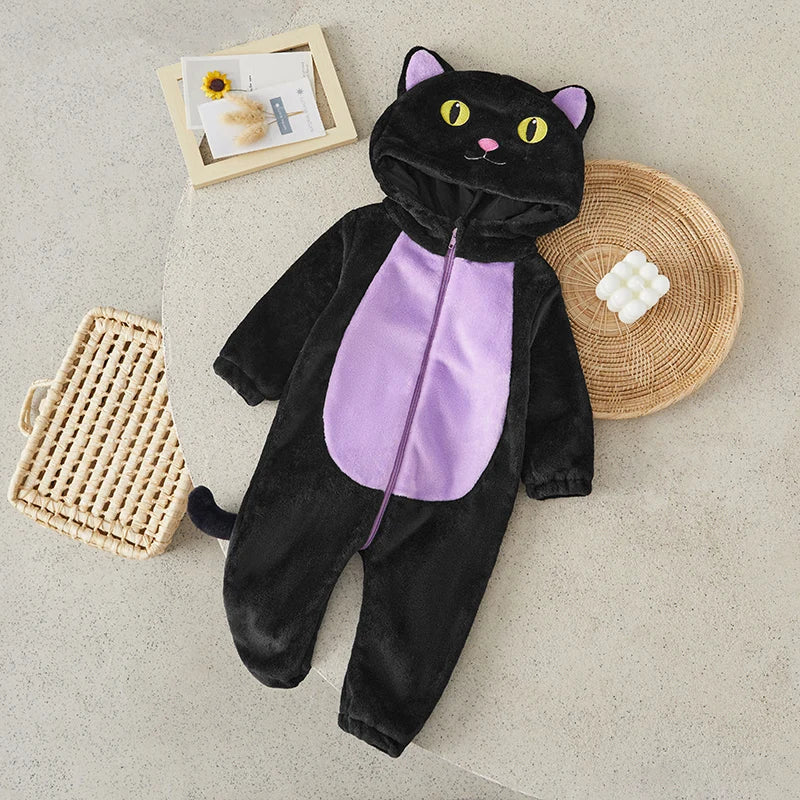Suefunskry Baby Halloween Cat Costume | Toddler Cosplay Hooded Jumpsuit | Long Sleeve Zipper Romper Outfit for Boys & Girls