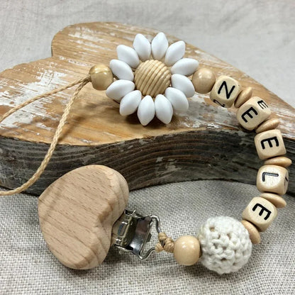 Custom Name Baby Pacifier Clip | Silicone Beads Flower Ring Teething Chain | Eco-Friendly Beech Wood Dummy Holder