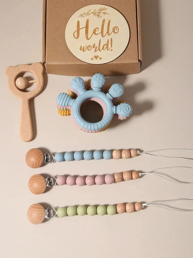 Baby bibs Gift Set With hand Teething Pacifier Chain wooden bear Rattle  New Born Baby Teether Set