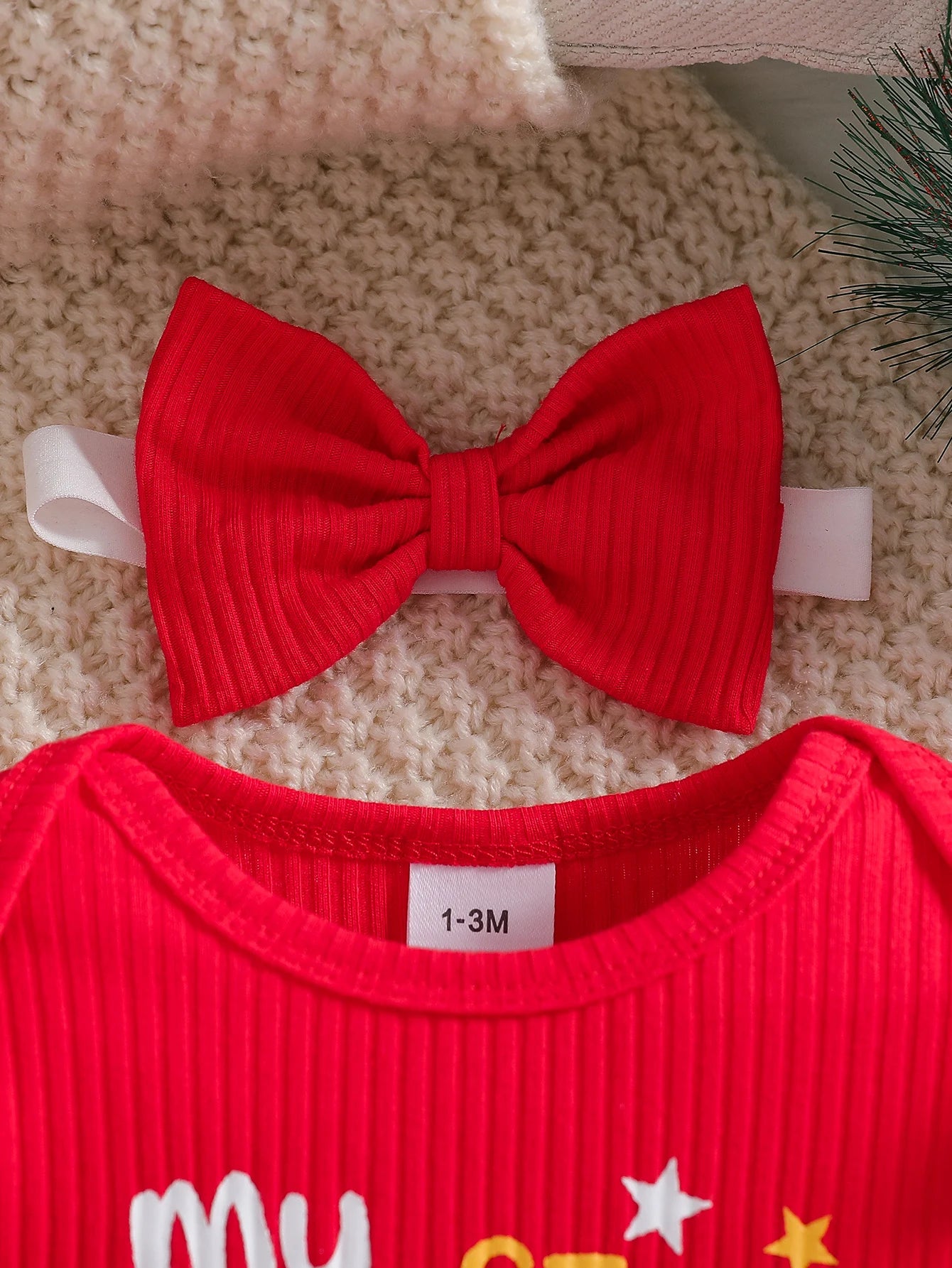 Baby Girl Christmas Outfit Set | Ruffled Long Sleeve Jumpsuit + Suspender Romper + Bow Socks + Headband | Cute Holiday Costume