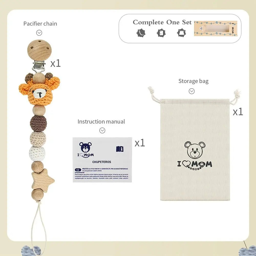 Baby Wooden Pacifier Clip | Crochet Cartoon Teething Soother Chain | BPA-Free Nursing Dummy Holder for Infants