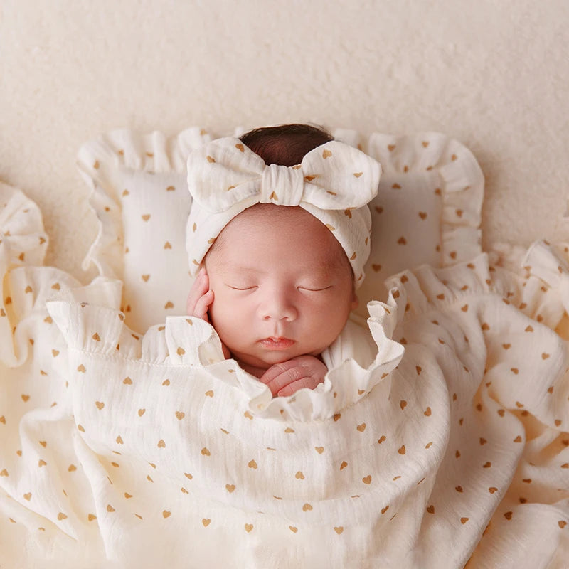 Newborn Photography Wrap & Backdrop Set – Soft Beige Blanket with Pocket, Bow Headband & Pillow | Baby Photo Shoot Props (0–1 Month)