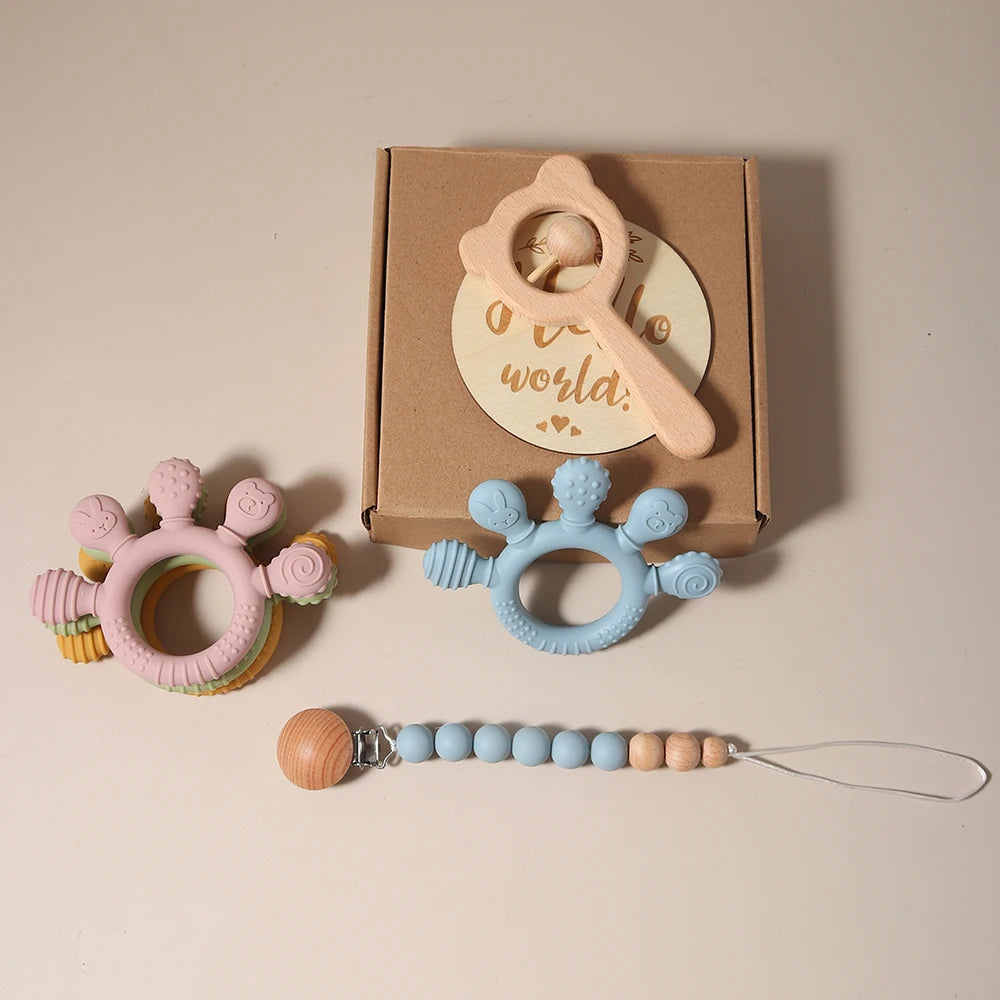 Baby bibs Gift Set With hand Teething Pacifier Chain wooden bear Rattle  New Born Baby Teether Set