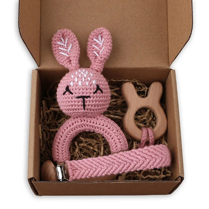 Crochet Bunny Baby Teether & Rattle Set | Beech Wooden Teething Ring + Pacifier Clip | Newborn Montessori Educational Toy