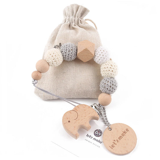 Baby Pacifier Chain – Elephant Wooden Clip with Geometric Crochet Beads | Teething Toy, Dummy Clip & Pacifier Holder for Infants