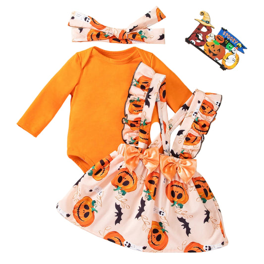 Pumpkin Baby Girl Halloween Outfit | Infant Long Sleeve Bodysuit + Suspender Skirt with Bow | My First Halloween Costume