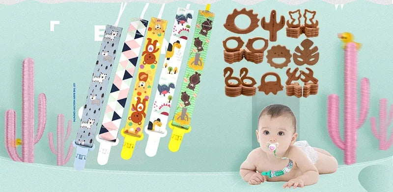 Custom Name Baby Pacifier Clip | Silicone Beads Flower Ring Teething Chain | Eco-Friendly Beech Wood Dummy Holder