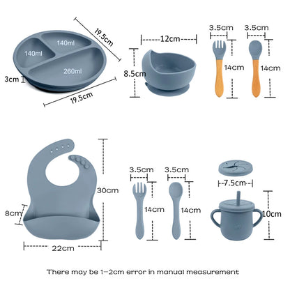 Mother Kids 8PCS Baby Silicone Feeding Set – Bib, Suction Plate, Anti-Slip Bowl, Spoon, Cup & Tableware for Infants & Toddlers