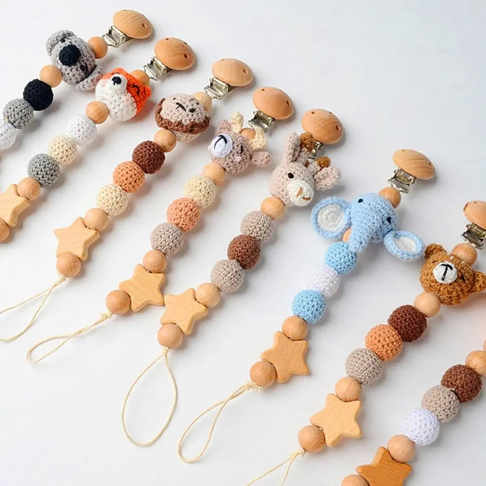 Baby Wooden Pacifier Clip | Crochet Cartoon Teething Soother Chain | BPA-Free Nursing Dummy Holder for Infants