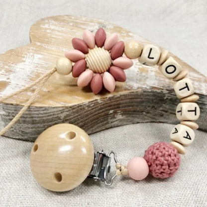 Custom Name Baby Pacifier Clip | Silicone Beads Flower Ring Teething Chain | Eco-Friendly Beech Wood Dummy Holder