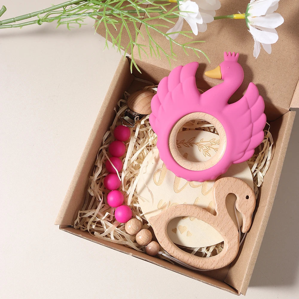 4pcs Baby Gift Set – Swan Teether, Baby Bibs, Flamingo Pacifier Chain & Rattle | Newborn Teething Toy & Photography Props