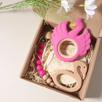 4pcs Baby Gift Set – Swan Teether, Baby Bibs, Flamingo Pacifier Chain & Rattle | Newborn Teething Toy & Photography Props