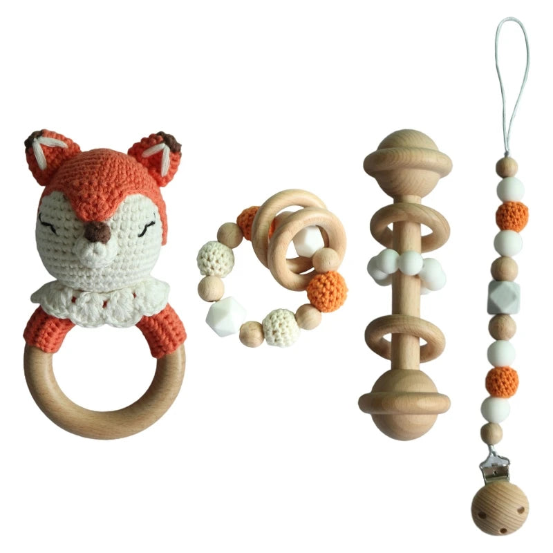 Handmade Crochet Baby Deer & Rabbit Stuffed Dolls with Wooden Teething Ring and Pacifier Chain Clips – Newborn Bunny Rattle Toy, 3 or 4 pcs Set