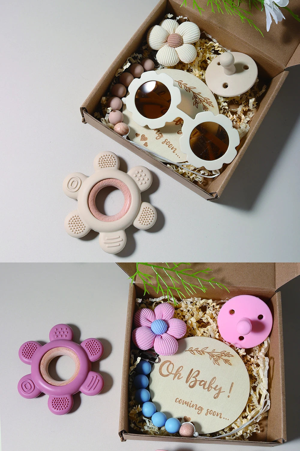 Baby Teether Gift Set – Flower Teething Toy with Pacifier Chain & Baby Sunglasses | Newborn Infant Teether Set for Boys & Girls