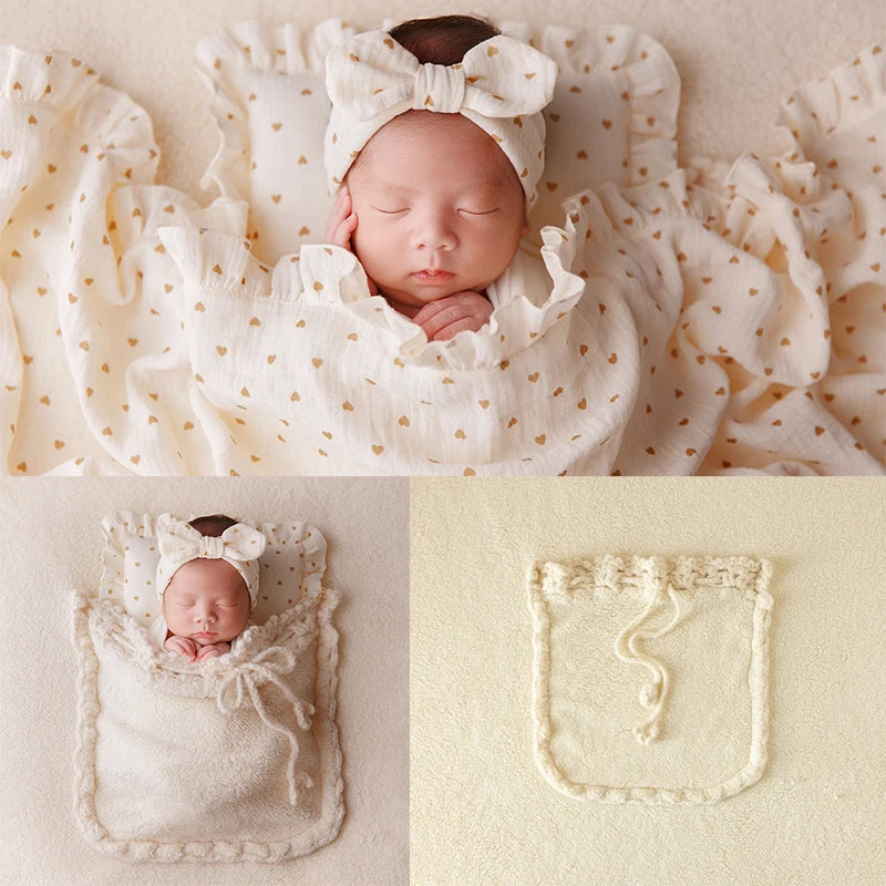 Newborn Photography Wrap & Backdrop Set – Soft Beige Blanket with Pocket, Bow Headband & Pillow | Baby Photo Shoot Props (0–1 Month)