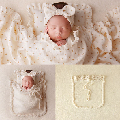 Newborn Photography Wrap & Backdrop Set – Soft Beige Blanket with Pocket, Bow Headband & Pillow | Baby Photo Shoot Props (0–1 Month)