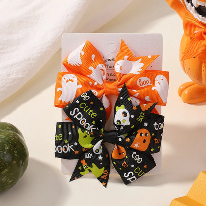 2PCS Baby Girl Halloween Hair Bows | Pumpkin Ghost Print Hair Clips | Toddler Kids Bowknot Hairpins & Accessories