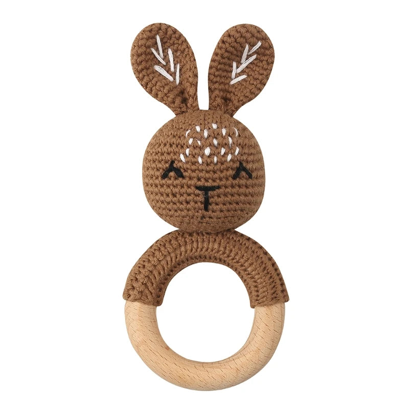 Crochet Bunny Baby Teether & Rattle Set | Beech Wooden Teething Ring + Pacifier Clip | Newborn Montessori Educational Toy