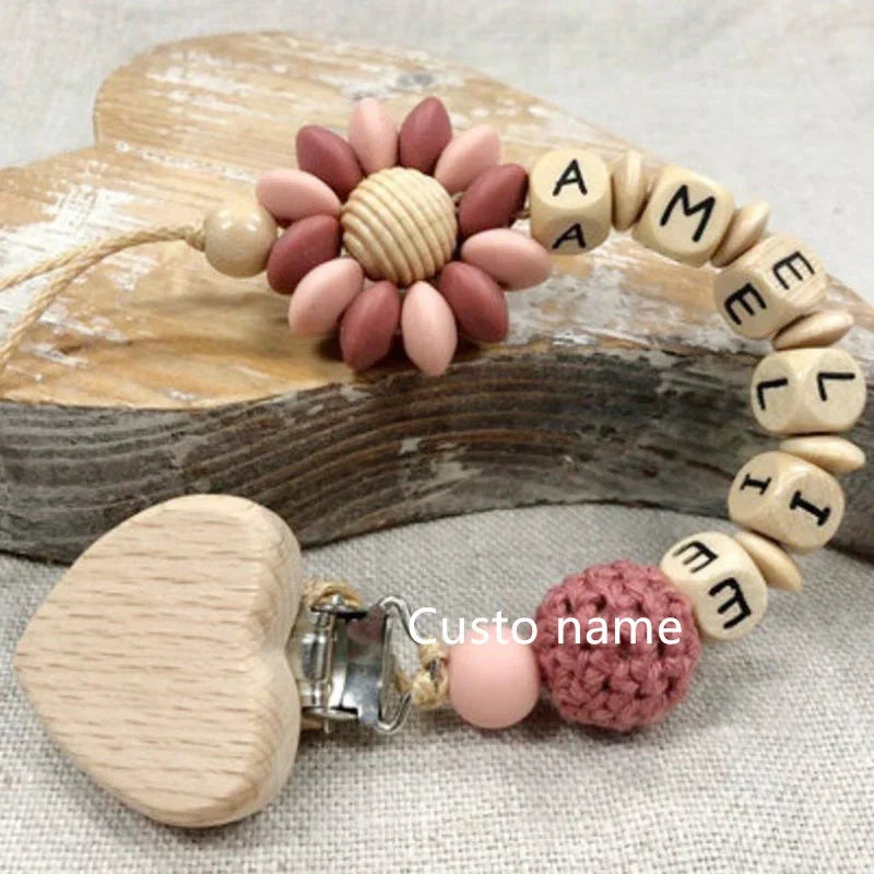 Custom Name Baby Pacifier Clip | Silicone Beads Flower Ring Teething Chain | Eco-Friendly Beech Wood Dummy Holder