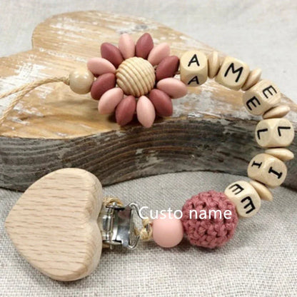 Custom Name Baby Pacifier Clip | Silicone Beads Flower Ring Teething Chain | Eco-Friendly Beech Wood Dummy Holder