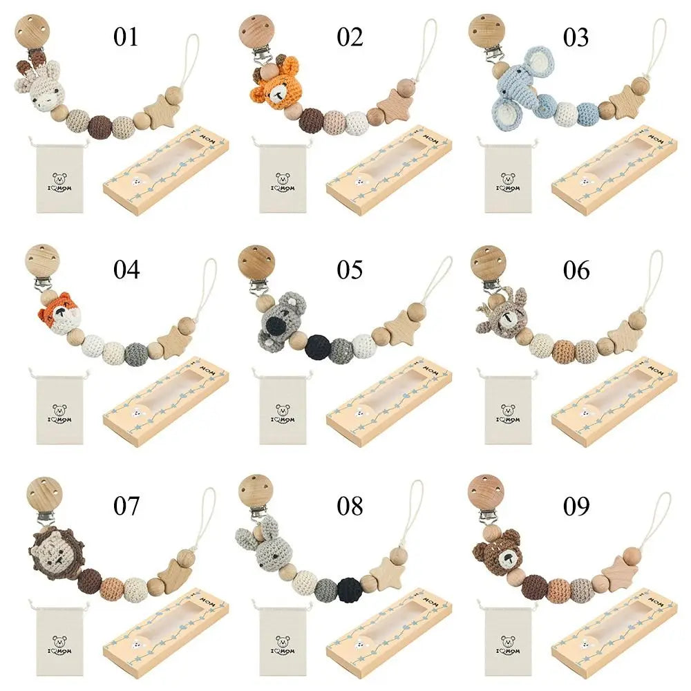 Baby Wooden Pacifier Clip | Crochet Cartoon Teething Soother Chain | BPA-Free Nursing Dummy Holder for Infants