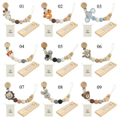 Baby Wooden Pacifier Clip | Crochet Cartoon Teething Soother Chain | BPA-Free Nursing Dummy Holder for Infants