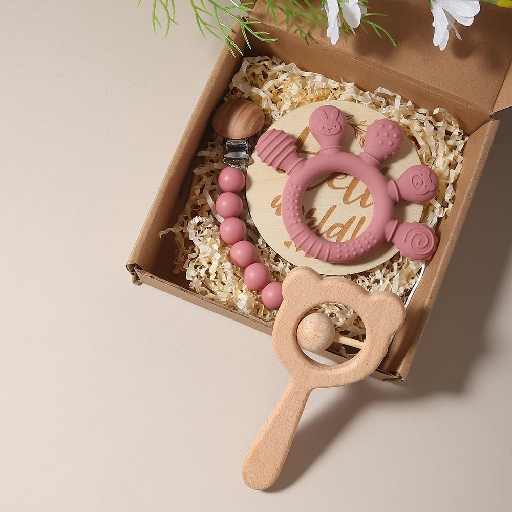 Baby bibs Gift Set With hand Teething Pacifier Chain wooden bear Rattle  New Born Baby Teether Set