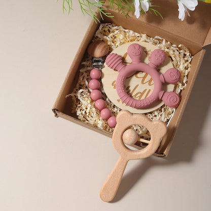 Baby bibs Gift Set With hand Teething Pacifier Chain wooden bear Rattle  New Born Baby Teether Set