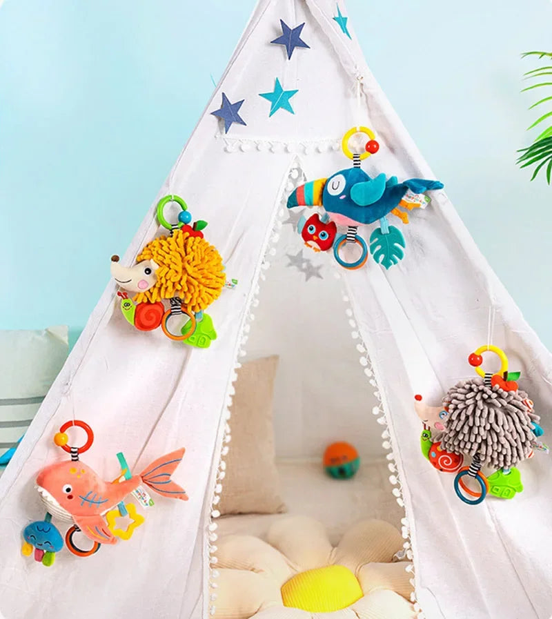 Soft Infant Crib & Stroller Mobile Hanging Rattle – Cute Stuffed Animal Baby Toys | Educational Hand Grip Toy for Brain Development