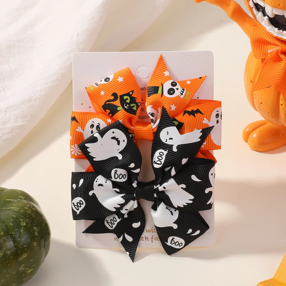 2PCS Baby Girl Halloween Hair Bows | Pumpkin Ghost Print Hair Clips | Toddler Kids Bowknot Hairpins & Accessories
