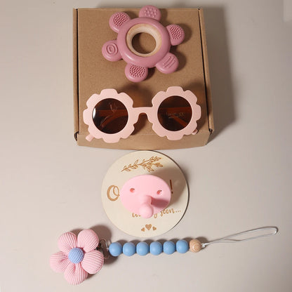 Baby Teether Gift Set – Flower Teething Toy with Pacifier Chain & Baby Sunglasses | Newborn Infant Teether Set for Boys & Girls